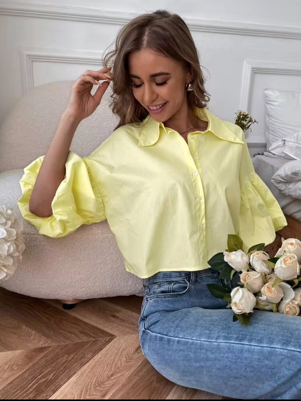 ✨ NWOT SHEIN Pastel Yellow Cropped Blouse with Dramatic Puff Sleeves ✨